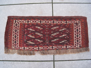 Antique Yomud Yomut Karadashli? Turkoman torba in very good condition. All natural colors. Some local lower pile and bit wear (see picture 8). The lower edge has been shortened but is secured  ...