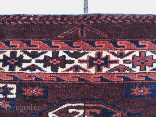 Excellent 19thC Yomud Yomut chuval. It shows a beautiful purple-brown central field. All natural colors, symmetrically knotting. Age: circa 1875. Clean. Lower edge excellent secured. No damages at all.
Size: 2'6" x 4'2"  ...