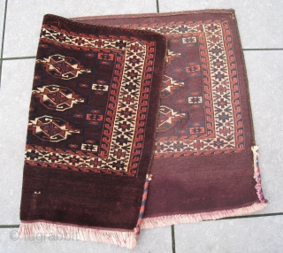 Excellent 19thC Yomud Yomut chuval. It shows a beautiful purple-brown central field. All natural colors, symmetrically knotting. Age: circa 1875. Clean. Lower edge excellent secured. No damages at all.
Size: 2'6" x 4'2"  ...