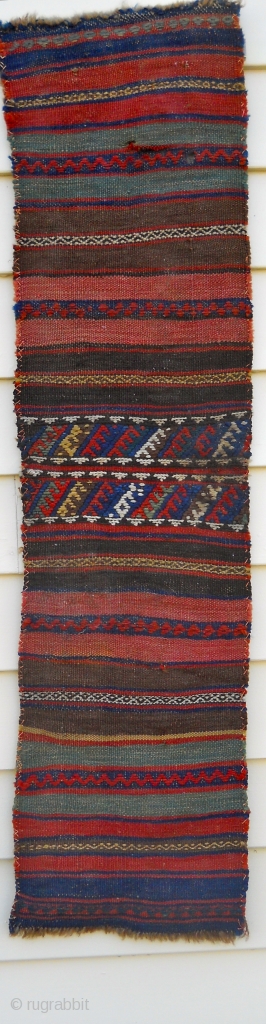 Kilim and mixed technique strip, maybe backing or bag(s) (unsewn) 10" x 40"  two small holes and slight stain.  $135/BO + ship         