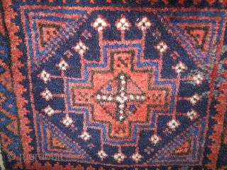 Baluch 1.5 x 1.3 full meaty pile, nice wool quality and drawing. scattered repiling.  ends/sides intact. inexpensive.               
