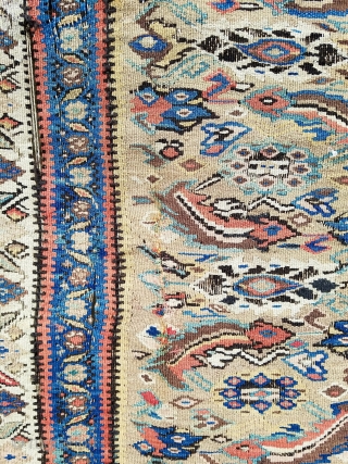Kilim - about 46" x 68", nice soft yellow field.  Some black oxidation and slits, also old repaired slit about 6" long see close up pic.  band sewn across top  ...