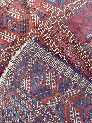 Turkman ensi - about 55” x 47” locally sourced New England estate. ‘As Found’ condition with several old reweaves and repairs and wear.  Nice weave and color saturation.    