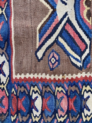 Kilim - about 27” x 38”.  Relatively good condition with a few small breaks (detail 2nd pic) and minor stain(last pic)           