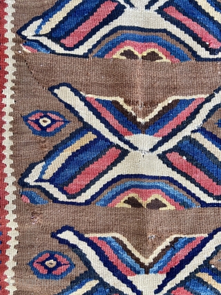Kilim - about 27” x 38”.  Relatively good condition with a few small breaks (detail 2nd pic) and minor stain(last pic)           