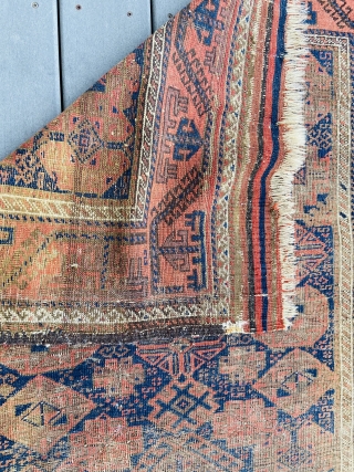 Baluch - about 3.3 x 5.8 inc Kilim ends.  As found with oxidation and wear.  Nicely executed turkman “boat” border.           