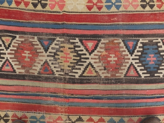 Kilim - 56" x 95" reduced in length (center bands).  Wonderful color and weave.  With wear and old darned scattered repairs.  Still retains original ends and sides.   