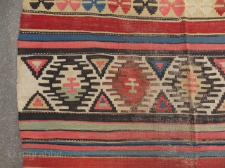 Kilim - 56" x 95" reduced in length (center bands).  Wonderful color and weave.  With wear and old darned scattered repairs.  Still retains original ends and sides.   