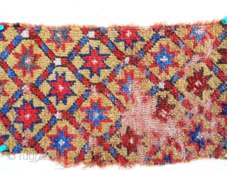 Fragment 9" x 14" with great color including mustard yellow field. Nice example of early weaving.                 