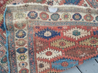 About 4.7 x 3.4.  Overall wear and oxidation.  Old crude small repair at one end.  Exquisite color and drawing. Nice old example.        