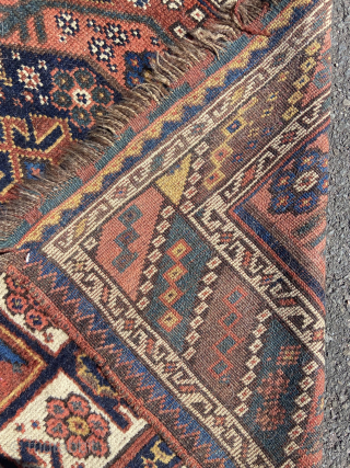 About 4.8 x 7.2 in ‘as found’ condition.  Pretty much complete with some original kilim end finishes.  Overall central wear, and about 3” slit backed by some old tape. Email:  ...