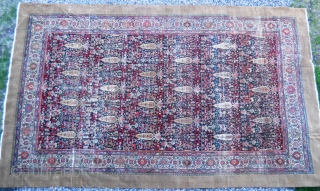 12 x 19.4 - reduced in length.  Loaded with Birds, Animals, Cypress Trees and wear.  9" camel band all around carpet.  Sides reovercast, 1" x 4" patch in field,  ...