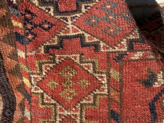 Ersari main carpet - about 7’ x 8’ and totally blitzed.  Lots of purple/pink silk highlights in border and some in field.  Wonderful apple green and yellow.  Make a  ...