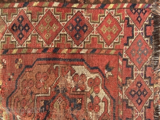 Ersari main carpet - about 7’ x 8’ and totally blitzed.  Lots of purple/pink silk highlights in border and some in field.  Wonderful apple green and yellow.  Make a  ...