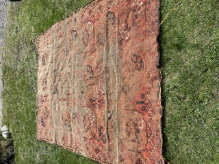 Ersari main carpet - about 7’ x 8’ and totally blitzed.  Lots of purple/pink silk highlights in border and some in field.  Wonderful apple green and yellow.  Make a  ...