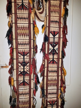 tent/ceremonial band? - approximately 5" x 194" of which 21" in the center is not decorated and worn. Some tassels missing from the sides, and each end unravelling.     