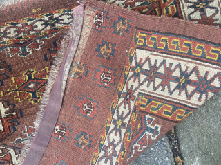 About 2.5 x 3.9 as found with slight dog ear corner and partial cloth strip on back upper/lower ends.  Good, meaty pile nice color, and interesting elem. Would benefit from cleaning.  ...