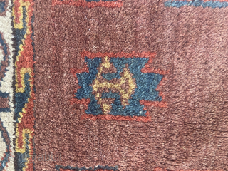 About 2.5 x 3.9 as found with slight dog ear corner and partial cloth strip on back upper/lower ends.  Good, meaty pile nice color, and interesting elem. Would benefit from cleaning.  ...