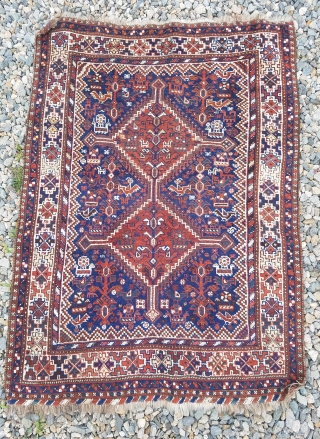 SW persian about 3'9" x 5'1".  Nice graphics having double medallion design with loads of animals and birds.  Evenly low pile, curled corners at opposite ends, and no repairs.  