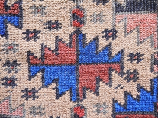 Baluch - 2.10 x 4.11 funky design and color. Even wear with oxidation and few moth nicks.  Right side original, left side replaced.  Ends unravelling into kilim bands. Could use  ...