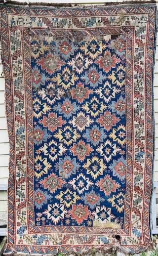 About 4’1” x 6’9”. Beautiful but blitzed. Needs rug rescue! Holes, old reweave/patch?                    