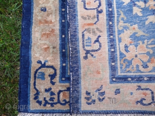 Chinese square about 3 x 3 - nice medium blue field.  Wear in center, new sides and ends overcast, slight moth.           