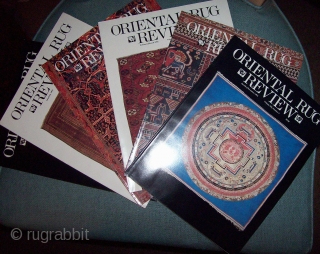 ORIENTAL RUG REVIEW volumes 8 through 15 covering more than 8 continuous years from October 1987 to January 1996. Vols 8,10 & 11 Bound with George O'Bannon's name embossed on cover.   ...