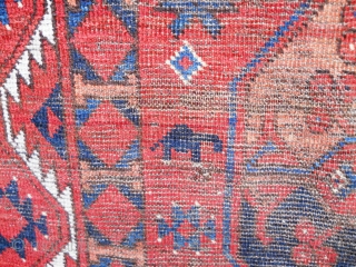 Main carpet with beautiful blues, yellow, ivory, etc.  Wonderful secondary guls and other design elements. Nice weave. Missing all around. worn. stain upper end. moth nicks. Has not been cleaned. (  ...