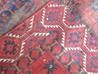 Main carpet with beautiful blues, yellow, ivory, etc.  Wonderful secondary guls and other design elements. Nice weave. Missing all around. worn. stain upper end. moth nicks. Has not been cleaned. (  ...