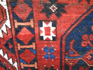 Main carpet with beautiful blues, yellow, ivory, etc.  Wonderful secondary guls and other design elements. Nice weave. Missing all around. worn. stain upper end. moth nicks. Has not been cleaned. (  ...