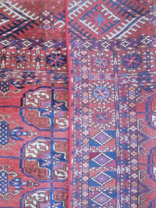 Tekke wedding rug - 3.7 x 3.2, interesting skirt emblishments and box main border.  Even wear, some moth nibbles, ends secured and sides wrapped.  Would benefit from cleaning   