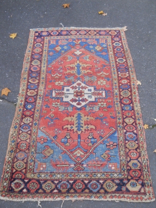 Old Heriz area rug - 3.1 x 5.2, wonderful color, wear areas, moth.  Needs cleaning.                 