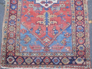 Old Heriz area rug - 3.1 x 5.2, wonderful color, wear areas, moth.  Needs cleaning.                 