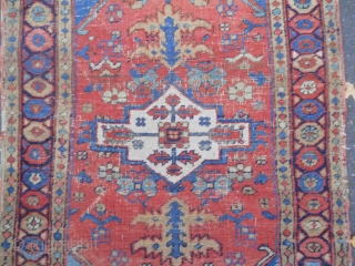 Old Heriz area rug - 3.1 x 5.2, wonderful color, wear areas, moth.  Needs cleaning.                 