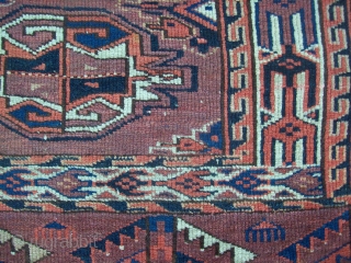 Yomud chuval - 2.7 x 3.10.  Attractive skirt and border elements. Ends original, sides not.  Soiled and slight staining.  Needs good cleaning.  Even wear, one small hole,  