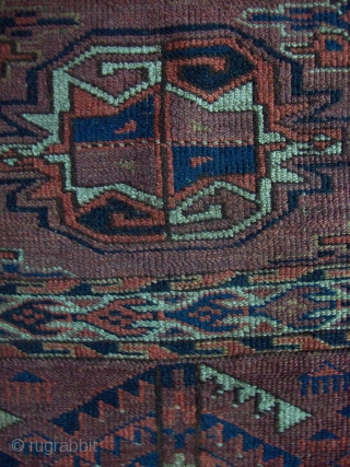 Yomud chuval - 2.7 x 3.10.  Attractive skirt and border elements. Ends original, sides not.  Soiled and slight staining.  Needs good cleaning.  Even wear, one small hole,  