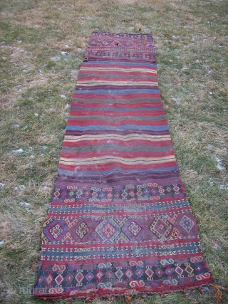 kilim bags 2.5 x 10 complete but not stiched together. Used as a runner. Some holes, filthy dirty,               