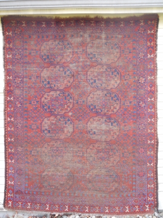 Beautiful color, drawing and format.  Great size. Retains partial kilim bands both ends. As is condition.   ( Ersari Turkmen Main Carpet )        