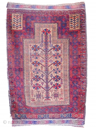 Baluch prayer rug - 4.9 x 3.2, interesting lower border, kilim bands mostly there, crude side cord repair, oxidation, nice field design elements. In need of cleaning.      