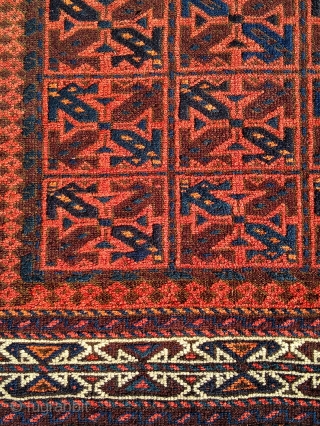Beautiful Antique Baluch Rug, 39" X 68", complete with original goat-hair side selvages and flat weave ends. The rug appears to have all natural dyes. I counted 7-8 colors; deep indigo, medium  ...