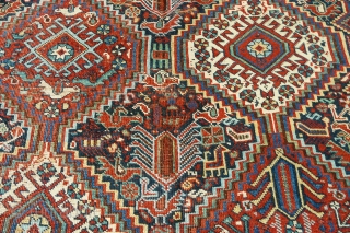 ANTIQUE KHAMSEH TRIBAL RUG 1900 to 1920
SIZE: 2.0m x 1.56m (6ft 6.8 inches x 5ft 1.5 inches)
Excellent Vibrant Vegetable Dyes.
In my opinion this rug is in a Little Over Average Condition for  ...