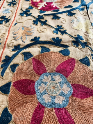 Beautiful 19th century Central Asian Uzbek Buckhara Region Suzani fragment. Excellent chain stitches and natural dye colours. Perfect condition. It is already mounted. The size is 60cm to 85cm. Offered reasonable price. 