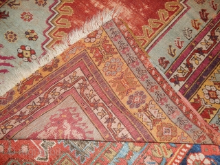 FINE OLD TURKISH RUG - LARGE 4 X 5 FOOT SIZE - ALL WOOL CONSTRUCTION- GOOD PILE WITH END AND SIDE DAMAGE AS SHOWN -
PRICE REFLECTS CONDITION      