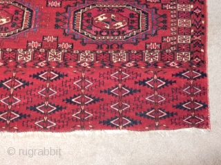 superb condition- full pile - great skirt design -no condition issues-
compare my 2 tekke weavings to others now on rugrabbit missing sides, ends, top and with splits and holes 
   