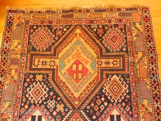 SHIRVAN WITH LARGE SCALE GOLD BORDER AND A DESIGN FILLED WITH FOLK ART ELEMENTS 


SOME  CHEMICAL RED DYE IN THE TWO CENTER MEDALLIONS

JUST WASHED  WITH EXCELLENT PILE    