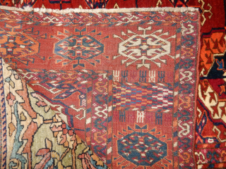 TWO FINE TURKOMAN WEAVINGS UN EXCELLENT NEARLY FULL PILE CONDITION AS FOUND .
PICTURED IS A 6 X 7 FT TEKKE MAIN CARPET - SEE HOFFMEISTER PAGE #157-$3600
AND NEXT A REALLY FINE YOMUD  ...