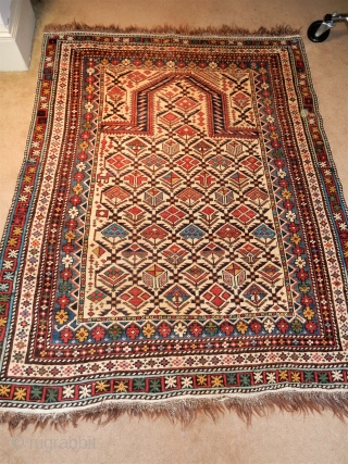 MARASALI SHIRVAN - ALL ORIGINAL AND COMPLETE WITH THE BRAIDED ENDS AND GOOD SIDES-
ALL NATURAL DYES - LARGE 4 X 5 FOOT SIZE- RIGHT OFF THE WALL OF A FINE PRIVATE COLLECTION  ...