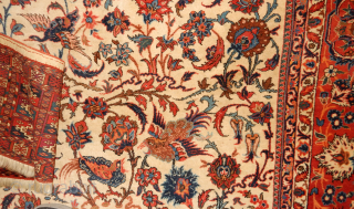 THREE FINE OLD WEAVINGS WITH FULL PILE .
A TEKKE MAFRASH PANEL THAT SHINES ,
A KAZAK RUNNER WITH A TALISH BORDER THAT HAS  AUBERGINE
AND A FULL PILE ISPHAHAN ISFAHAN DOZAR WITH MULTICOLORED  ...