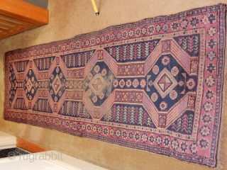 narrow old turkish runner .... 32 x 100 inches..... some wear but complete ends and sides $325                