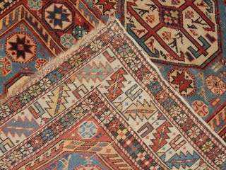 SHIRVAN WITH ALL NATURAL DYES-LOVELY SOFT BLUE FIELD AND MANY ANIMALS -SIZE OF  44 X 82 INCHES - AS FOUND WITH NO REPILING/REPAIRS -SLIGHT END LOSS= GOOD SIDES 
 ...  